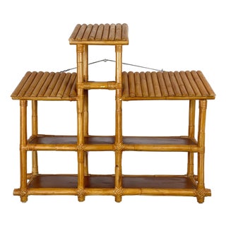 Vintage 1970s Bamboo Stepped Hanging Wall Shelf — Paul Frankl Skyscraper Style, Rattan Joints, Boho Chic For Sale