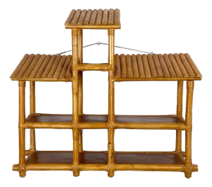 Vintage 1970s Bamboo Stepped Hanging Wall Shelf — Paul Frankl Skyscraper Style, Rattan Joints, Boho Chic