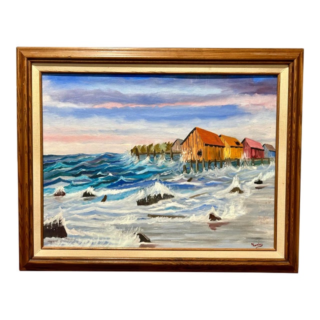 Vintage Nautical Harbor Fishing Shacks Oil Painting, Framed For Sale