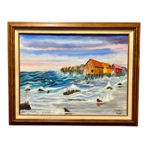 Vintage Nautical Harbor Fishing Shacks Oil Painting, Framed
