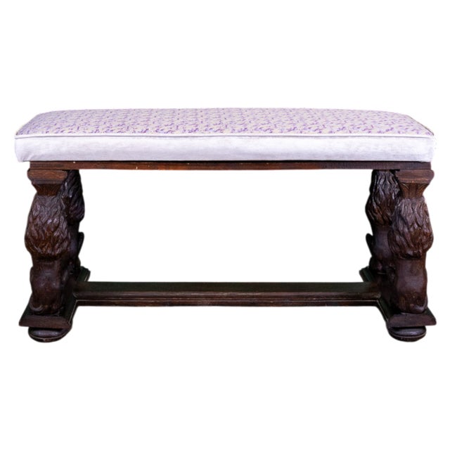 English 19th C English Oak Heraldic Hall Bench With Fortuny Upholstered Cushion For Sale - Image 3 of 17