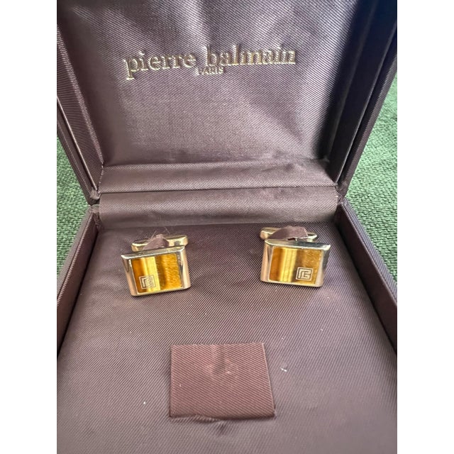 Vintage Balmain "Circa 1980s" Tiger Eye Cufflinks Original Purple Satin Case For Sale - Image 4 of 18