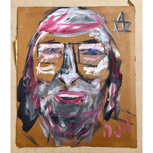 Outsider Folk Art Expressionist Rabbi Israeli Painting Signed Hebrew Jewish Star For Sale In Miami - Image 6 of 7