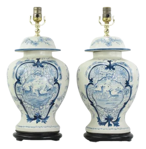 Pair of Vintage Hand Painted Blue and Cream Ceramic Ginger Jar Table Lamps With Deer and Floral Folk Art Design