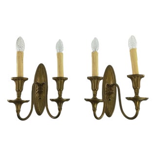 English Brass Double Arm Wall Lamps, Set of 2 For Sale