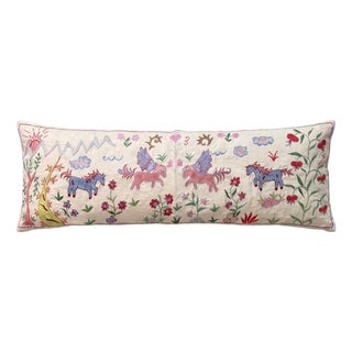 Winged Horse Suzani Lumbar Pillow Cover 18'' X 53'' For Sale