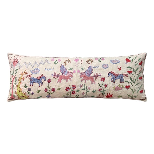 Winged Horse Suzani Lumbar Pillow Cover 18'' X 53'' For Sale