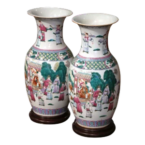 Pair of Mid-Century Chinese Famille Rose Hand Painted Porcelain Vases on Bases