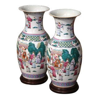 Pair of Mid-Century Chinese Famille Rose Porcelain Vases on Wood Bases For Sale