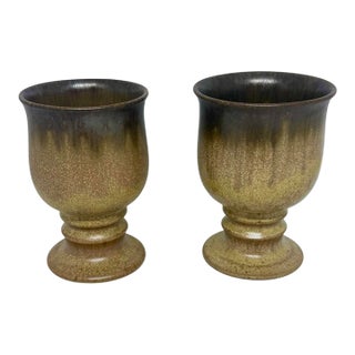 Mid 20th Century English Denby Romany Brown Drip Glaze Stoneware Goblets Set of 2 For Sale