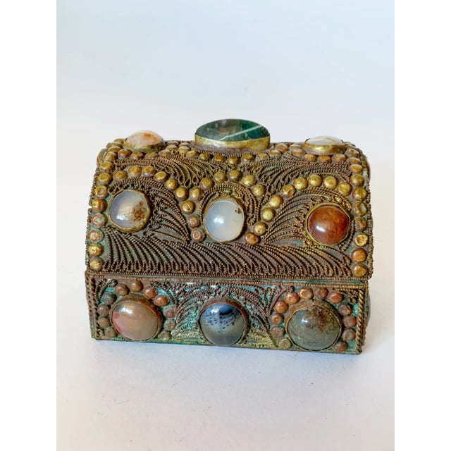Metal Antique Tibetan Bronze Filigree and Gemstone Agate Inlaid Jeweled Jewelry Box For Sale - Image 7 of 10