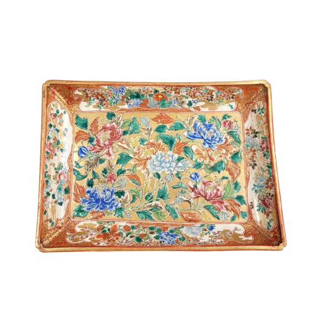 Meiji Rectangular Kutani Platter with Gilt Kinrande and Moriage Peonies For Sale - Image 9 of 16