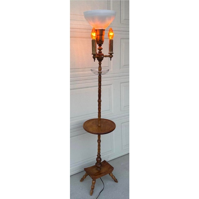Authentic Antique Maple Floor Lamp With Built-in Table & Glass Gallery Tray 61" For Sale In San Diego - Image 6 of 16