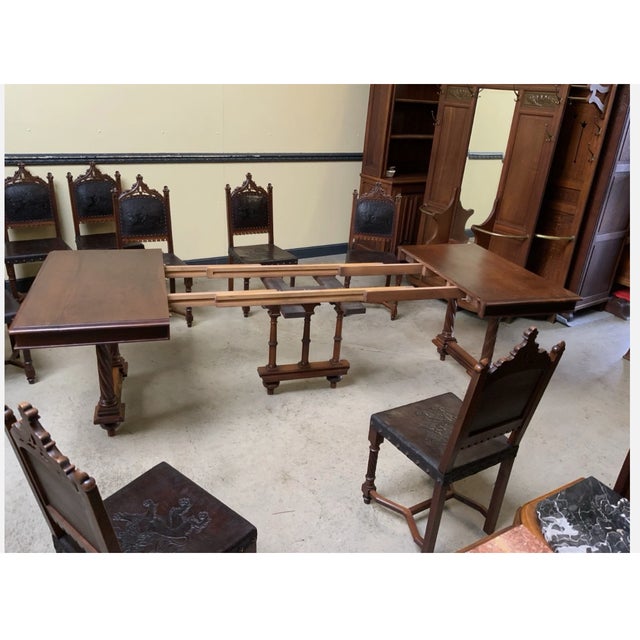 19th Century Antique Neo-Gothic Dining Set with Extendable Table and Chairs, 1880, Set of 9 For Sale - Image 5 of 15