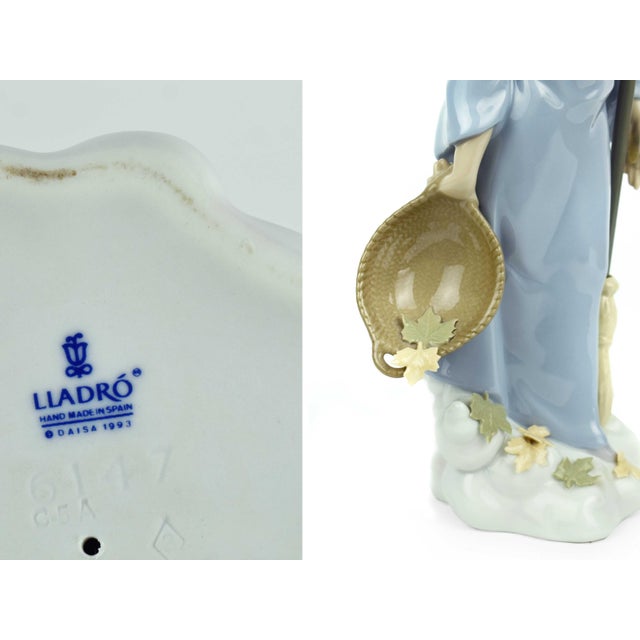 Ceramic 1990's Handmade Autumn Sweeper Angel With Broom and Basket Lladro Porcelain Figurine Spain For Sale - Image 7 of 7