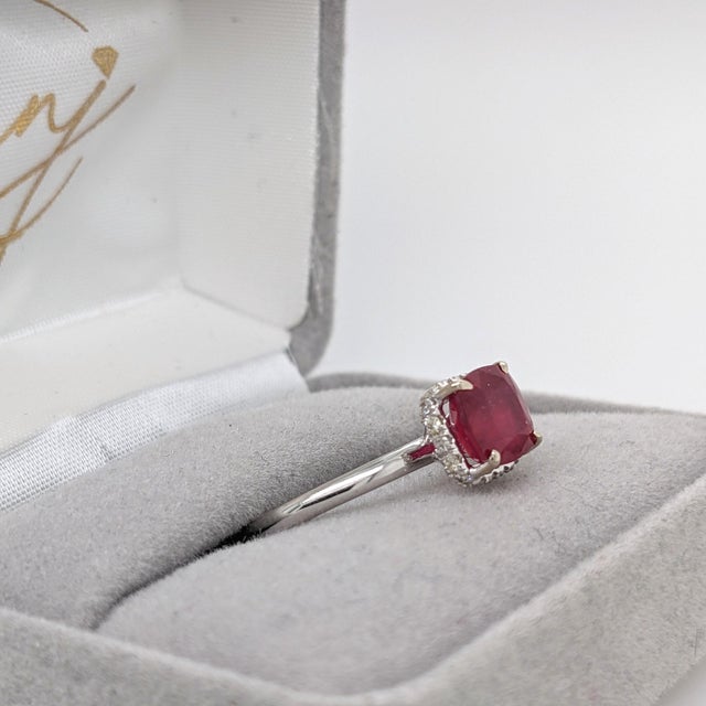Metal 1.7ct Stunning Ruby Ring W Earth Mined Diamonds in Solid 14k Gold Cushion 7mm For Sale - Image 7 of 8