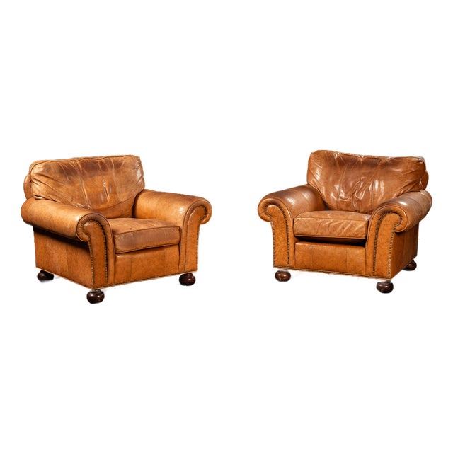 Late 20th Century Pair of Rolled Arm Leather Club-Style Armchairs in Camel For Sale