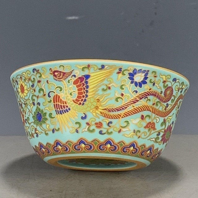 Vintage Chinese Porcelain Bowl, Turquoise Ground Gilded Phoenix Motif Bowl For Sale - Image 4 of 9