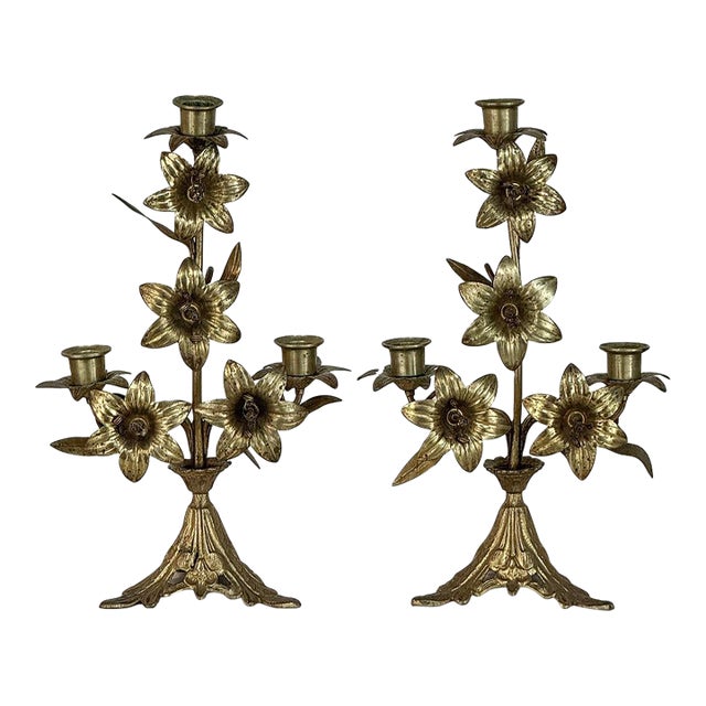 Pair Napoleon III Period Bronze Floral Candelabra For Sale