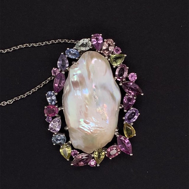 2010s Sapphire Pearl Necklace 14k White Gold 5 TCW Certified For Sale - Image 5 of 12