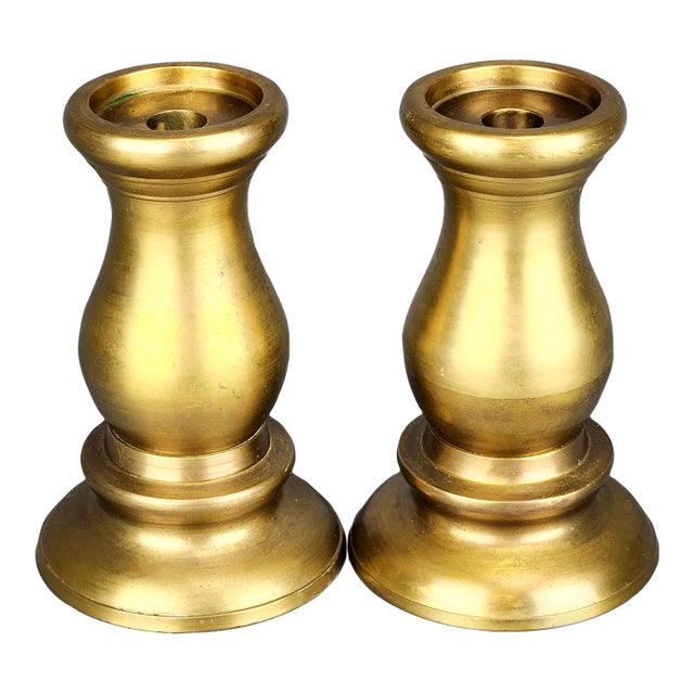 Mid 20th Century Solid Brass Candle Holders for Pillar and Taper Candles - Set of 2 For Sale