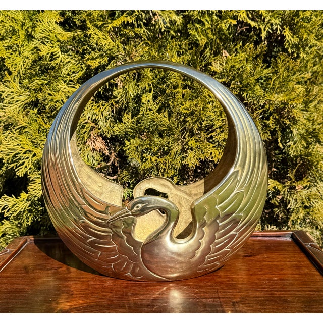 Metal Elegant Mid 20th century Brass Basket With Retro Art Deco Style Crane Design For Sale - Image 7 of 11