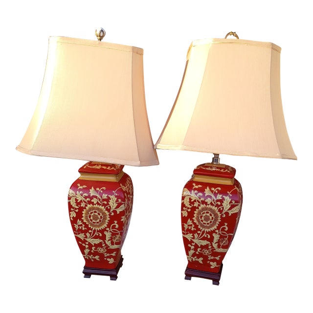 1980s Chinoise28 ," Urn Table Lamps With Shades - a Pair For Sale