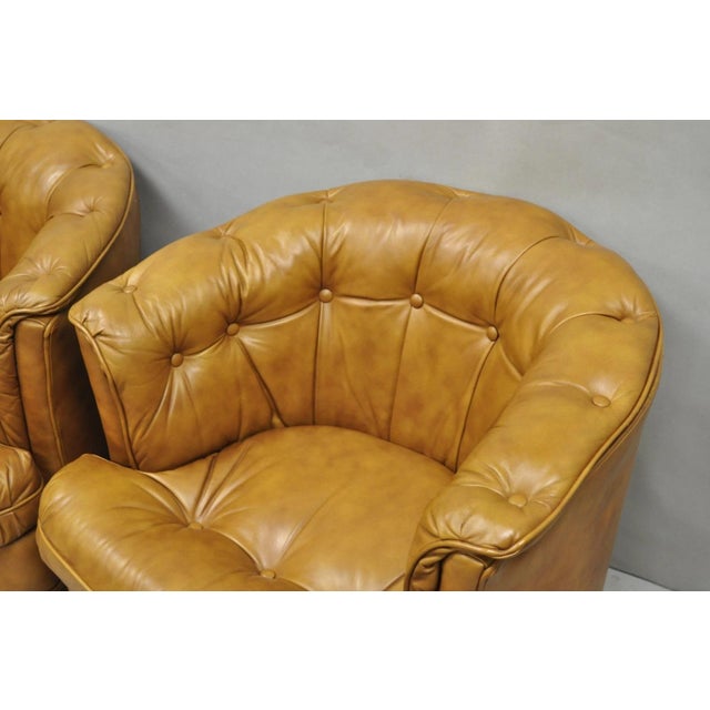 Brown Vintage Classic Leather Chesterfield Brown Tufted Leather Barrel Club Chair Pair For Sale - Image 8 of 14
