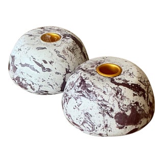 Vintage Boho Artisan Pigmented Plaster Scagliola Low Dome Candlestick Holders - Set of 2 For Sale