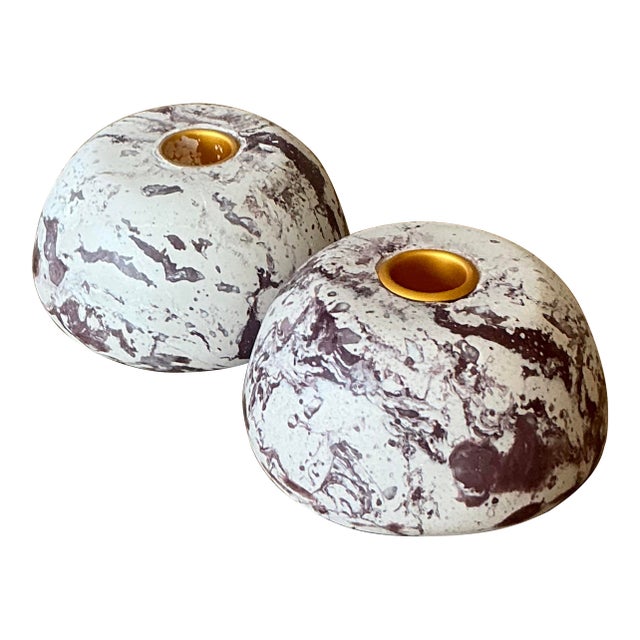 Vintage Boho Artisan Pigmented Plaster Scagliola Low Dome Candlestick Holders - Set of 2 For Sale