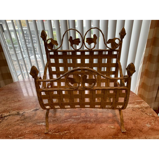 Vintage Wrought Iron Magazine Rack Painted Yellow Shabby Chic Finish For Sale - Image 4 of 5