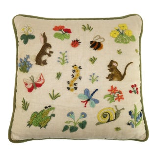 Vintage Crewel Work Embroidery Flora Fauna Throw Pillow For Sale