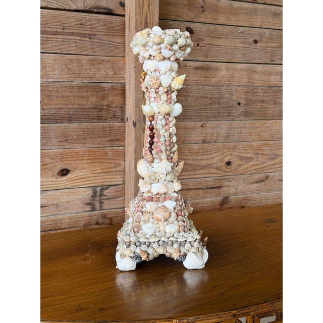 Off-white Vintage Handcrafted Coastal Seashell Encrusted Wood Pedestal Candleholder For Sale - Image 8 of 12
