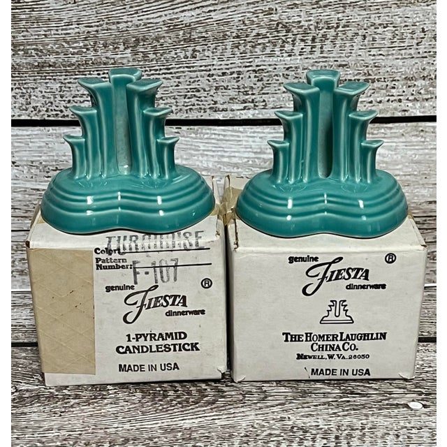 This is a pair of genuine vintage Fiesta Homer Laughlin Pyramid Candlesticks in the retired Turquoise color in the...