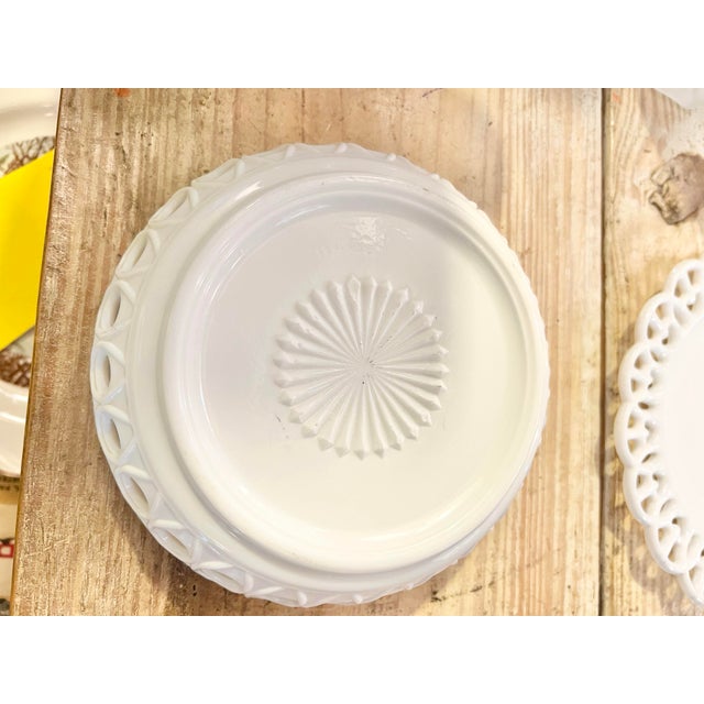 Glass Vintage White Milk Glass Challinor & Taylor Bowl & Plate With Scroll & Eye Pattern 2 Pc For Sale - Image 7 of 7
