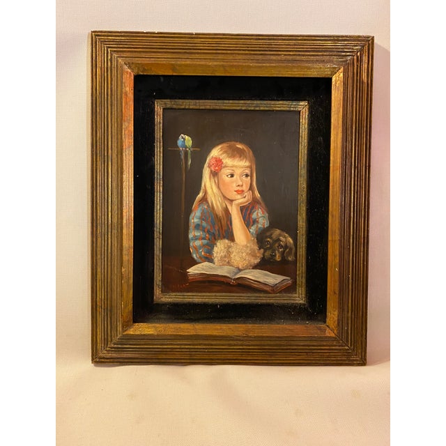 Portraiture 1960s Portrait Painting of Sweet Girl With Pup and Parrots For Sale - Image 3 of 10