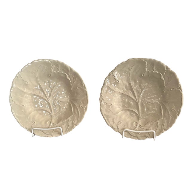 Ceramic Pair of Elegant Vintage Celadon Sage Leaf Pattern Dinner Plates, 9” Dia. For Sale - Image 7 of 7