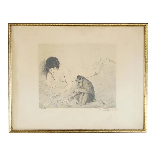 Antique French PE Felix Colored Lithograph of a Nude Playing Cards with a Monkey For Sale
