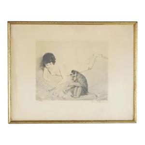 Antique French PE Felix Colored Lithograph of a Nude Playing Cards with a Monkey