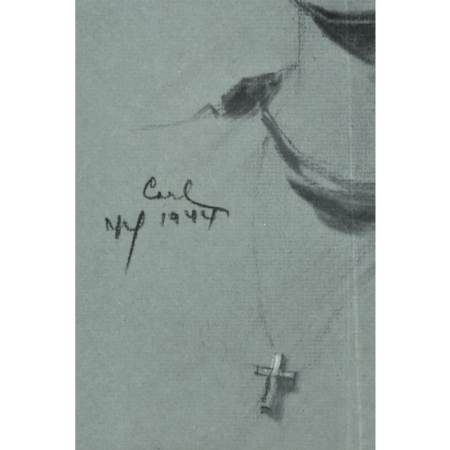 Vintage 1944 Charcoal Portrait Drawing of Young Woman With Crucifix ...