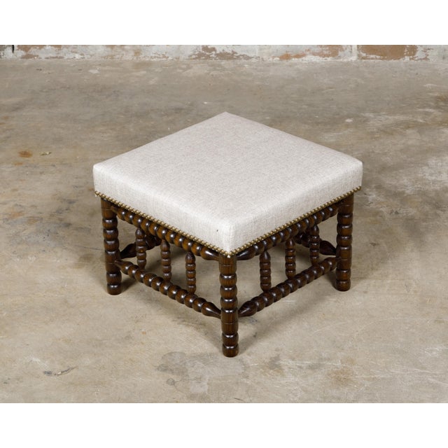 19th Century English Turned Bobbin Legs Stool with Linen Upholstery For Sale - Image 10 of 10