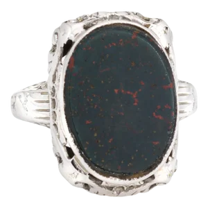 Vintage Art Deco Bloodstone 14k White Gold Filigree Ring Size 3.75