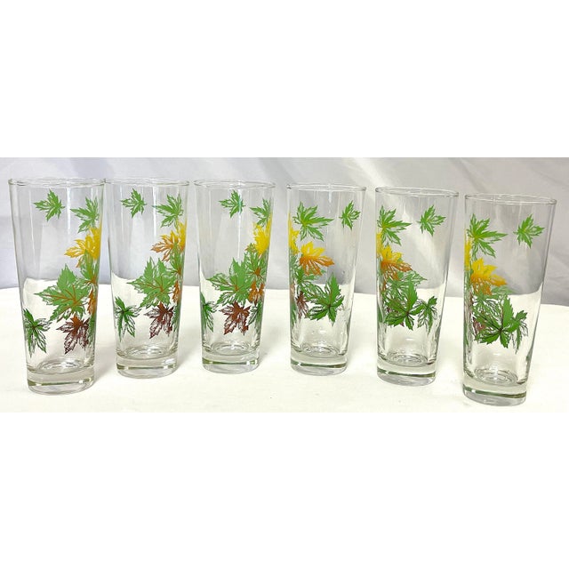 Vintage Highball Glasses With Fall Leaves Design and Caddy- Set of 7 For Sale - Image 4 of 12