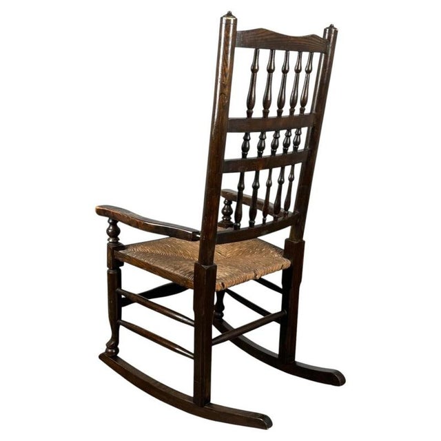 Brown Antique Oak Spindle Back Rocking Chair with Rush Seat, 1900s For Sale - Image 8 of 11