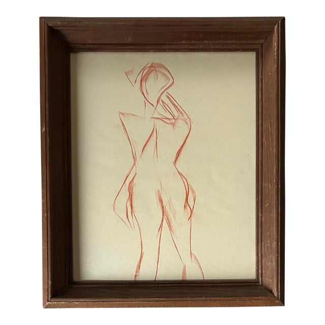 Vintage Abstract Figure Sepia Drawing in Vintage Wood Frame For Sale