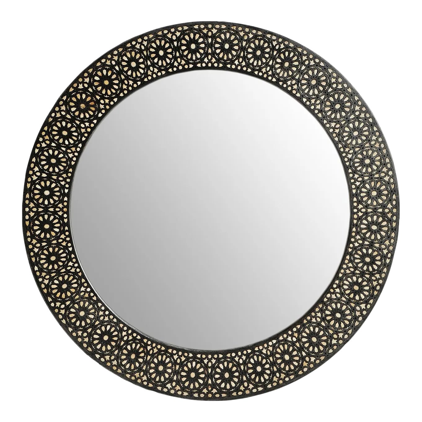 Contemporary Moorish Round Wood Inlay Mirror | Chairish