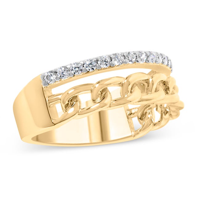 Contemporary 10K Yellow Gold 1/5 Cttw Diamond Cuban Link Ring Band (I-J Color, I2-I3 Clarity) - Size 8 For Sale - Image 3 of 6