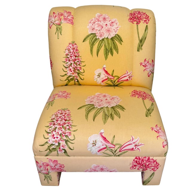 Pair of Palm Beach Regency Yellow Floral Slipper Chairs With Throw Pillows For Sale - Image 14 of 18