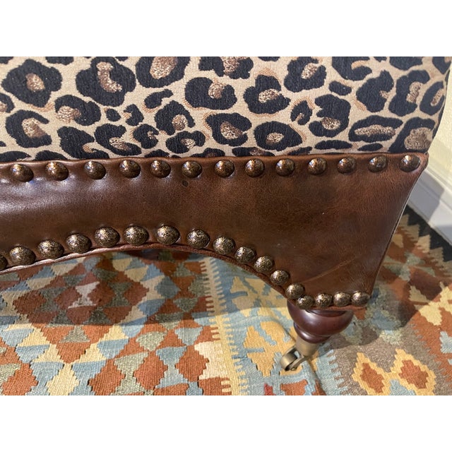 Contemporary Leopard Fabric Print Ottoman With Top Grain Leather and German Brass Nails. For Sale - Image 3 of 9