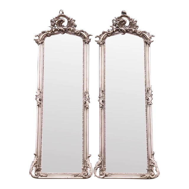Late 20th Century Rococo Silver Leaf Wood Floor Mirrors, Pair For Sale